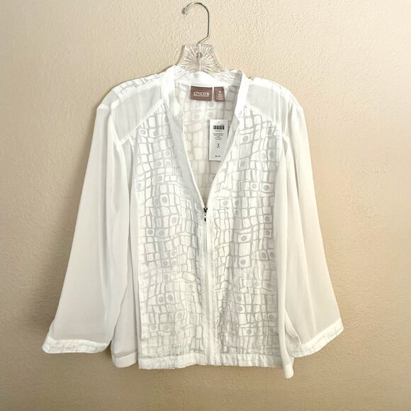 NWT Chico’s Blocked Burnout Sporty Zip Sheer Jacket – Optic White Size 3 (XL/16) - Picture 7 of 12